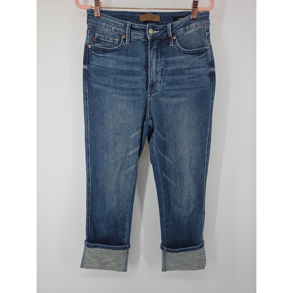Judy Blue High Waist Cuffed Denim Capri Jeans Medium Wash 7/28 JB78114 MD